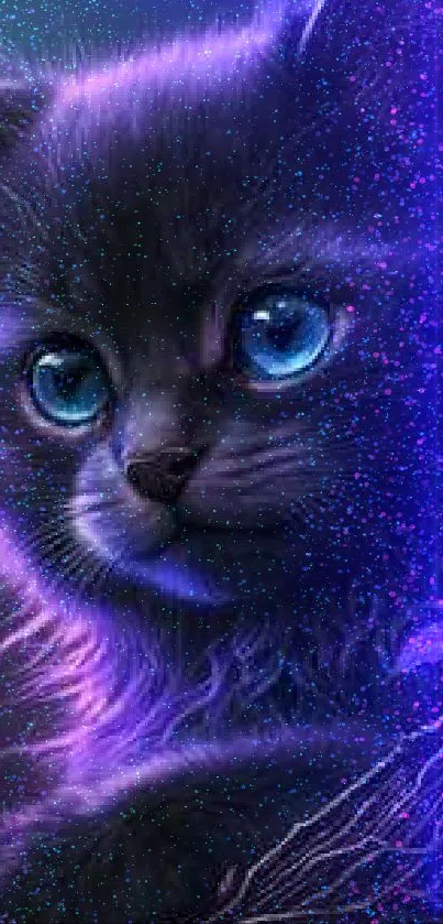 A glowing neon kitten with vibrant blue eyes against a galactic purple background.