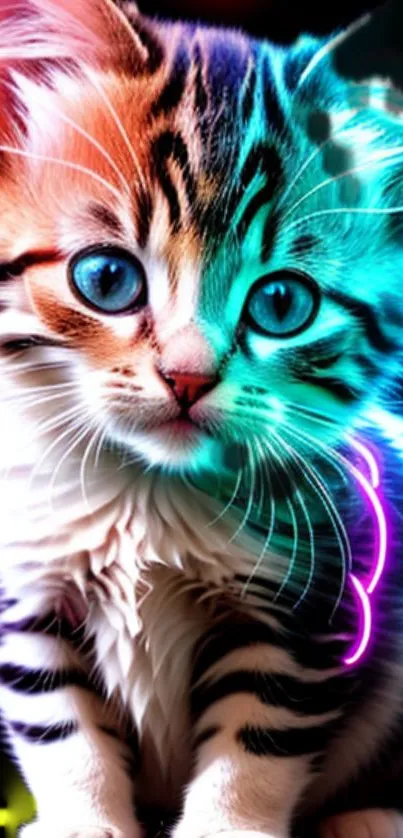 Cute kitten with neon lights in vibrant colors, perfect mobile wallpaper.