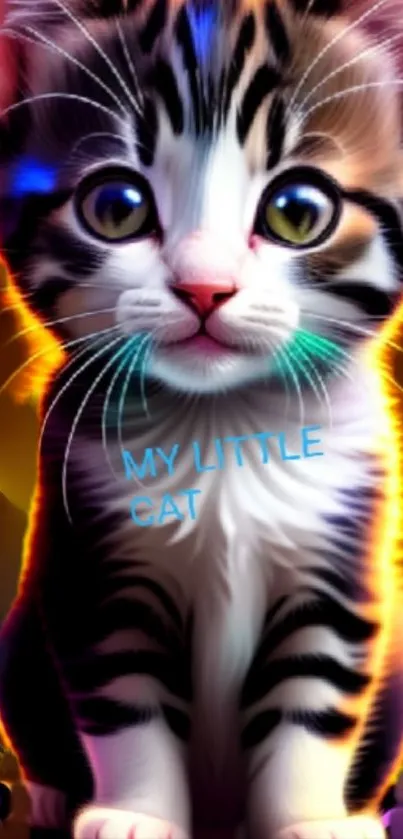 A vibrant neon kitten with glowing stripes and bright colors on a dark background.