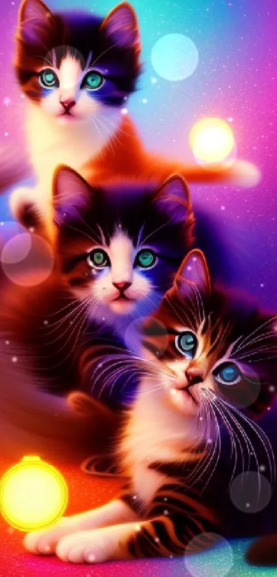 Three adorable kittens illuminated by glowing neon lights on a vibrant background.