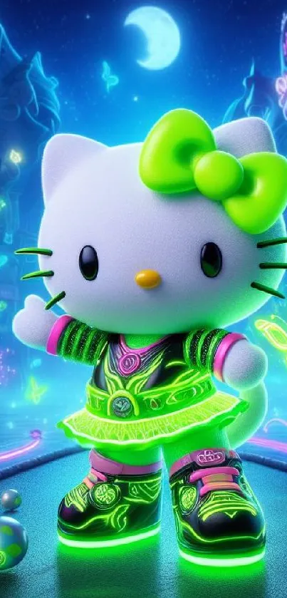 Neon kitty stands in a colorful nightscape, radiating charm and vibrant hues.