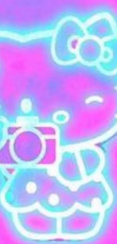 Neon kitty with pink background holding a camera, glowing in blue.