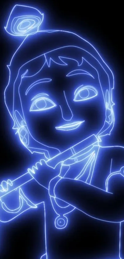 Neon art of Krishna playing flute in vibrant blue glow.