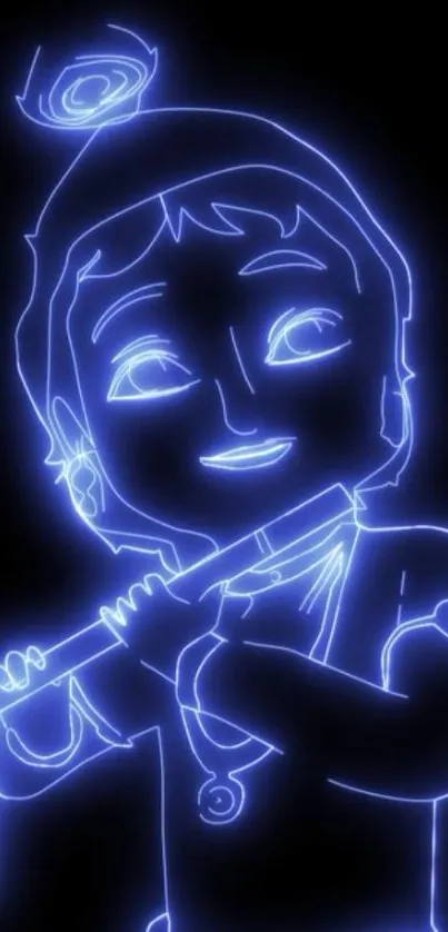 Neon outline of Lord Krishna playing the flute.