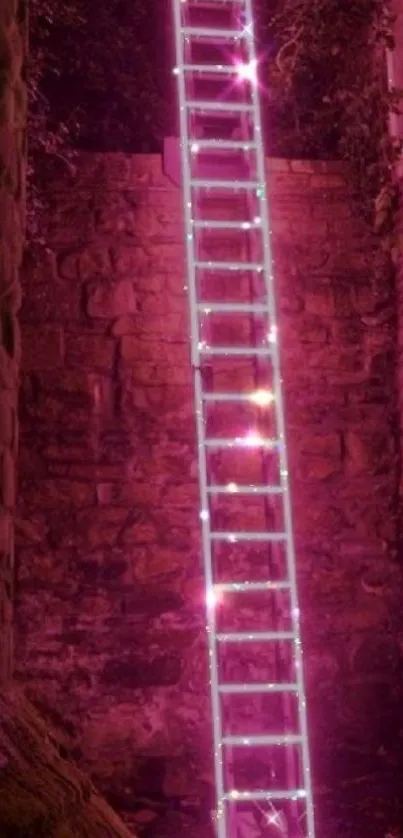 Neon lit ladder in a dim urban alley with purple hues.