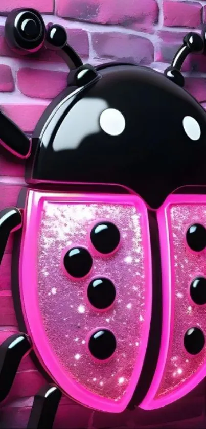 Neon ladybug on a pink brick background