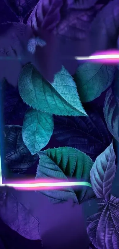 Modern wallpaper featuring neon-lit leaves in purple and blue hues.