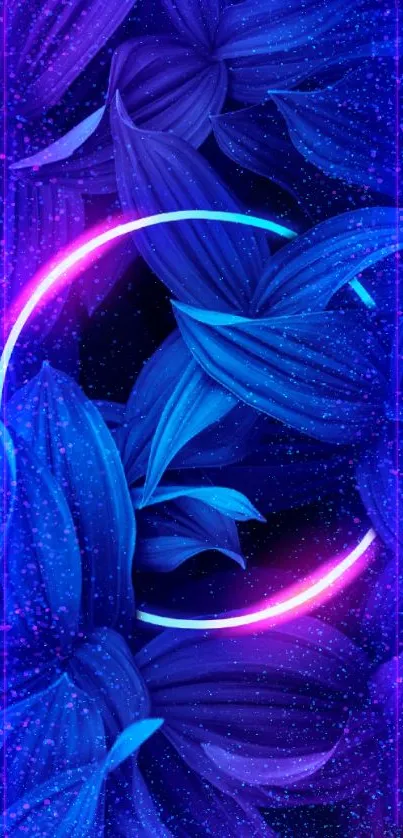 Vibrant neon circle with purple leaves background.