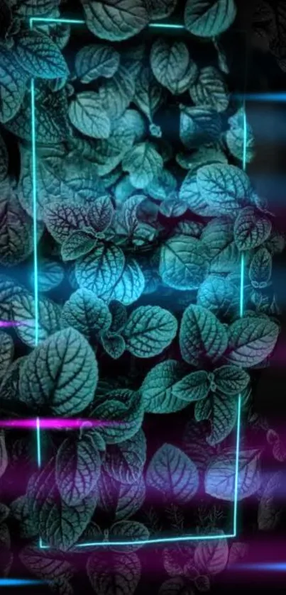 Vibrant neon leaves with a glowing blue and purple effect for mobile wallpaper.