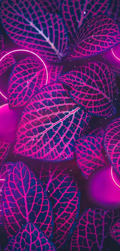 Vibrant neon leaves on a purple background.