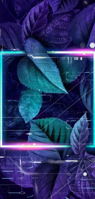 Neon leaf wallpaper with purple hues and glowing frame.