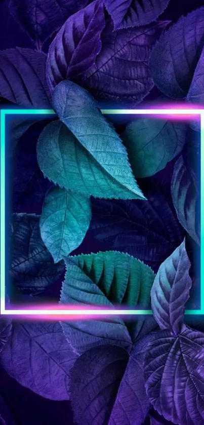 Vibrant neon leaves with a glowing frame in purple and blue hues.