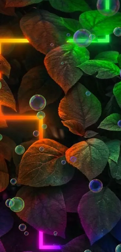 Neon leaves with colorful glowing lights on dark green foliage.