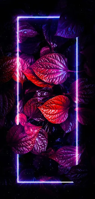 Glowing neon rectangle with vibrant leaves wallpaper.