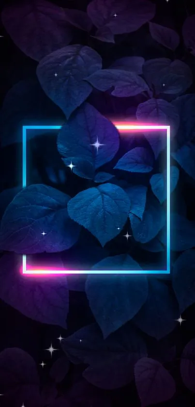 Dark leaves with neon glow frame design for mobile wallpaper.