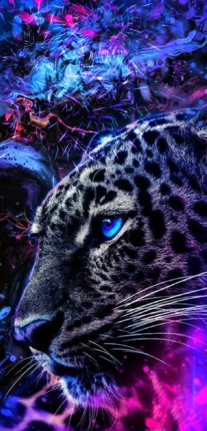 Neon leopard art with electric blue eye and vibrant colors.