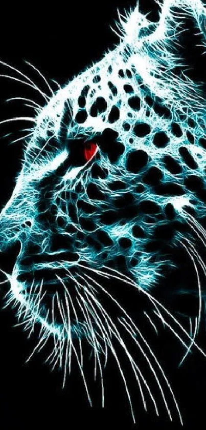 Neon leopard digital artwork with a glowing cyan effect on a black background.