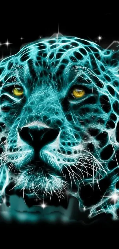 Neon blue leopard with glowing eyes and intricate patterns.