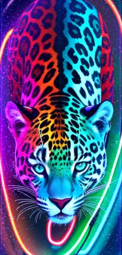 Vibrant neon leopard design with glowing colors on a mobile wallpaper.