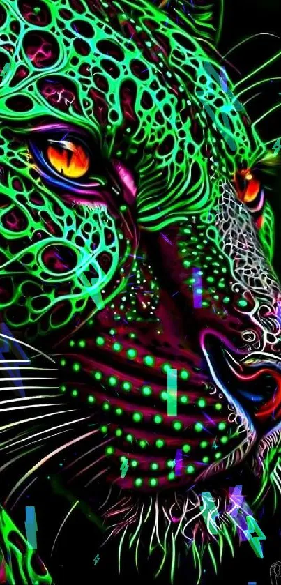 Neon green leopard with glowing eyes as phone wallpaper.