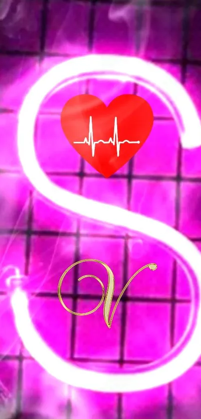 Neon 'S' with heart on magenta background mobile wallpaper.