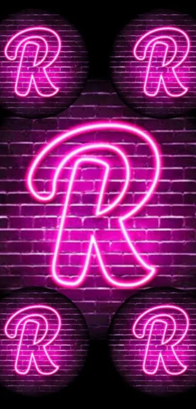 Neon R glowing against a brick wall, vibrant and stylish mobile wallpaper.