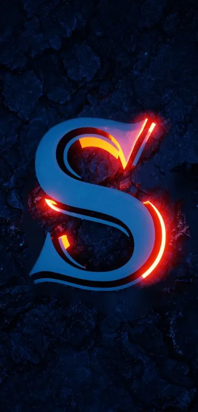 Neon letter S on a dark textured background with vibrant blue and red.