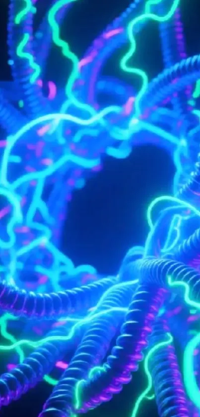 Vibrant neon light abstract pattern with glowing blue and purple swirls.