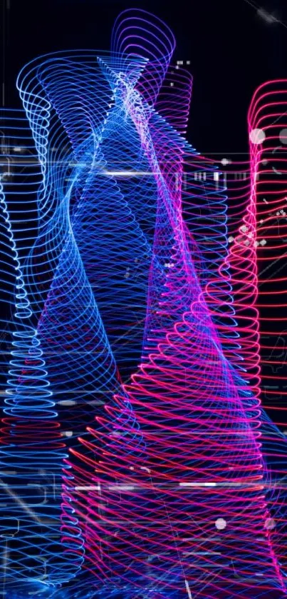 Vibrant blue and pink neon light waves in a dynamic abstract pattern.