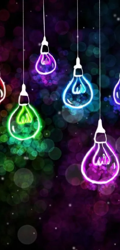 Neon light bulbs with bokeh effect on a dark background.