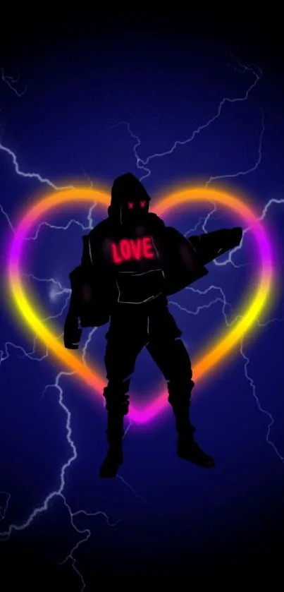 Neon heart with silhouette and lightning on dark background.