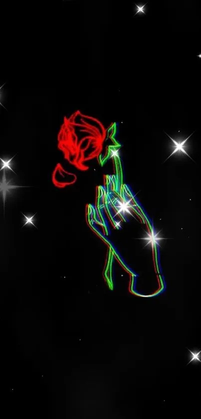 Neon line art of hand holding a rose with black background.