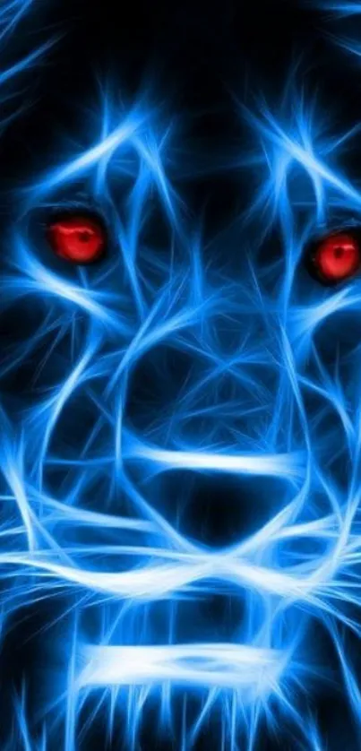 Abstract neon lion wallpaper with glowing blue lines and bright red eyes.