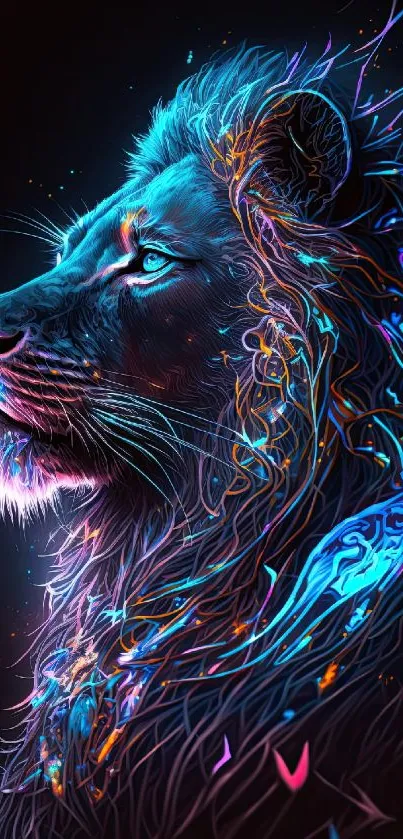 Vibrant neon lion art with intricate colors, perfect for mobile wallpaper.