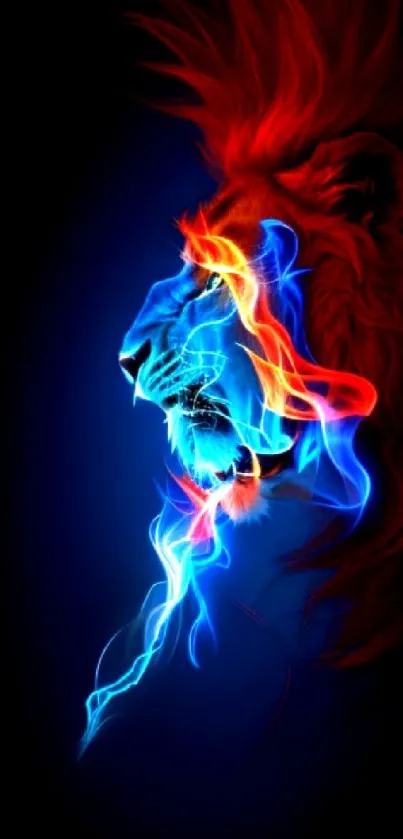 Dynamic neon lion in blue and red hues on phone wallpaper.