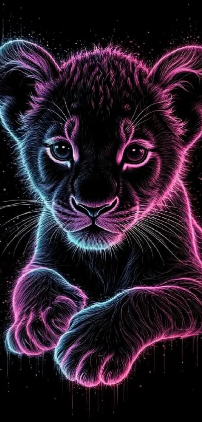 Neon lion cub glowing against black background.