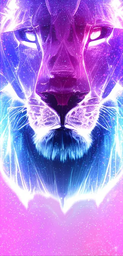 Neon lion digital art with vibrant blue and purple hues on mobile screen.