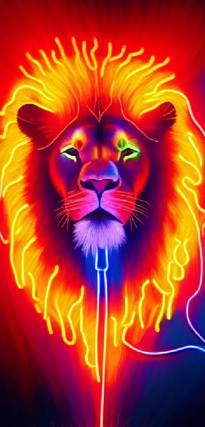 Neon lion with vibrant colors glowing intensely.