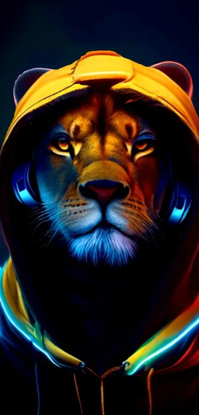 Artistic neon lion wearing a hoodie in vibrant colors.