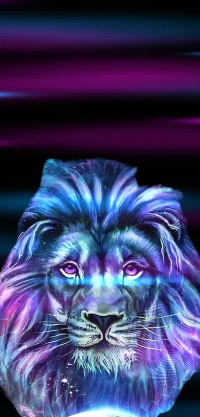 Neon lion head with vibrant purple and blue cosmic background.