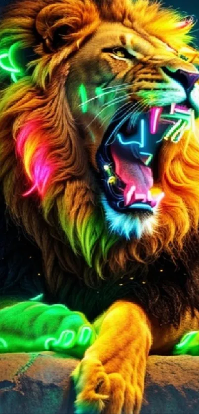 Vibrant neon lion roaring with colorful mane and glowing accents.