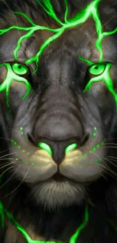 Neon green and black lion face wallpaper with intense eyes.