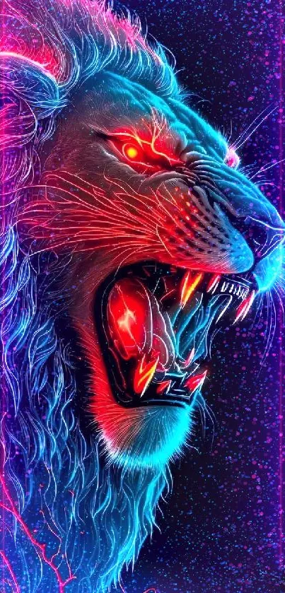 Neon lion roaring with fiery colors and electric blue accents.