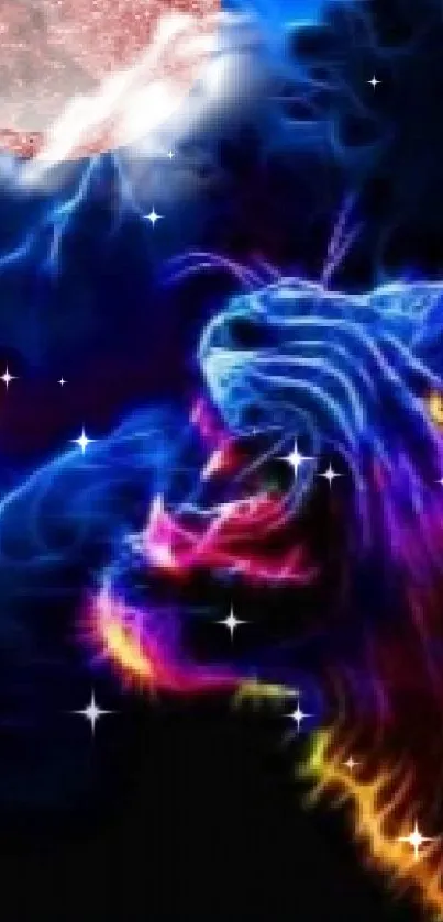 Neon lion roaring under a vibrant moonlit sky.