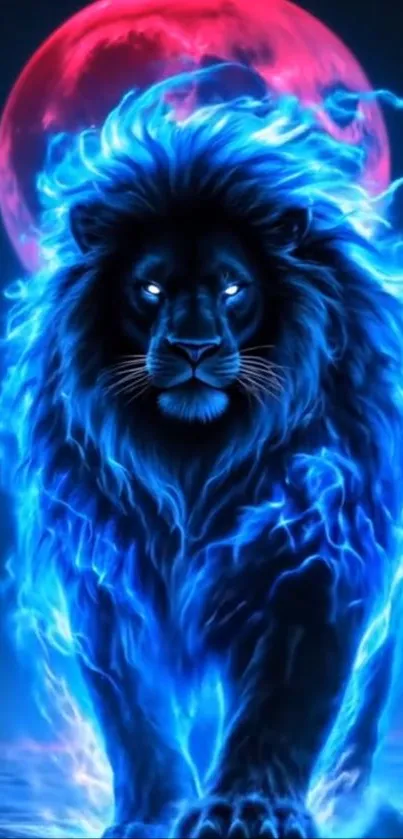 Neon blue lion with glowing red moon background.