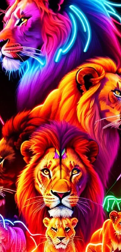 Vibrant neon artwork of multiple lions with glowing effects.