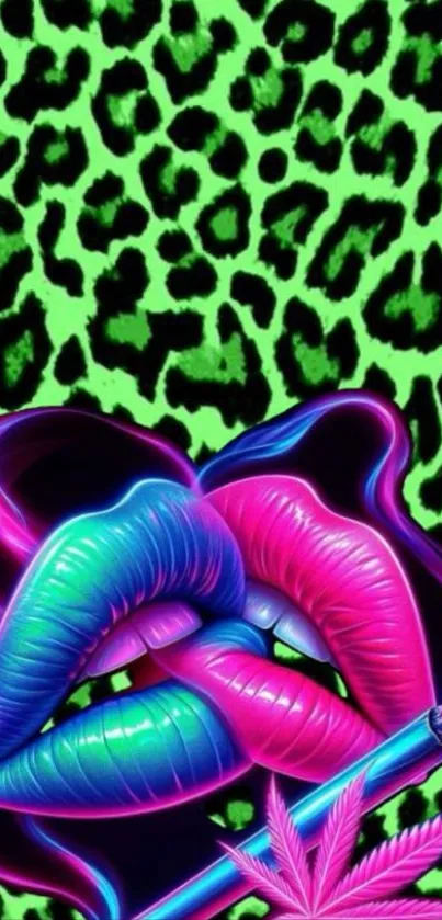 Neon lips and green leopard print wallpaper with vibrant colors.