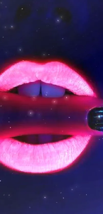 Neon pink lips with glowing fingertips under a blacklight.