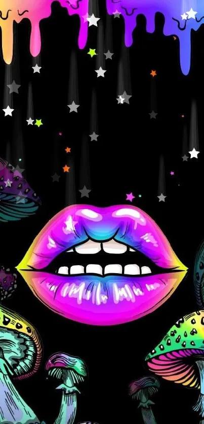 Neon lips with psychedelic mushrooms on black.