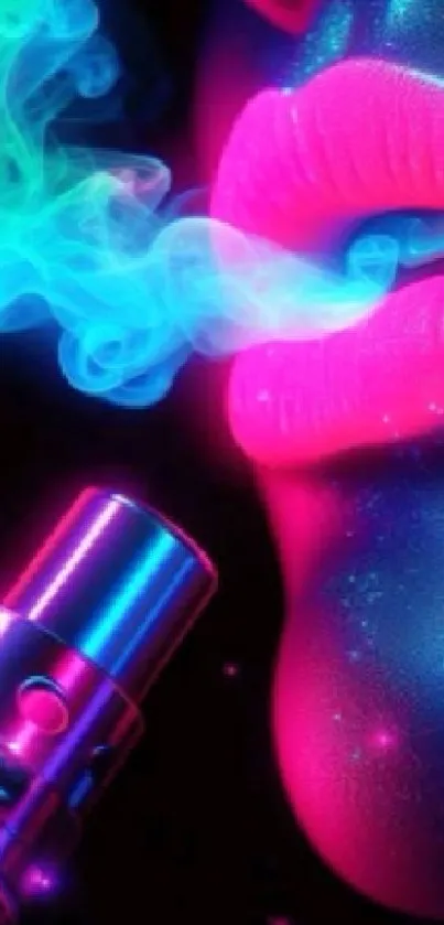 Neon lips exhaling colorful smoke in digital art.